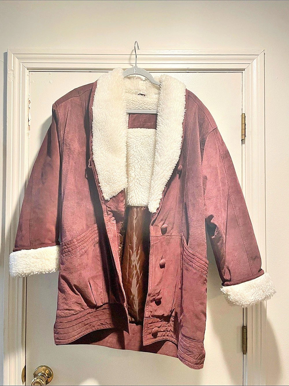 Vintage Snow Leopard Industrial Corp Maroon Suede Sherpa Bomber Coat